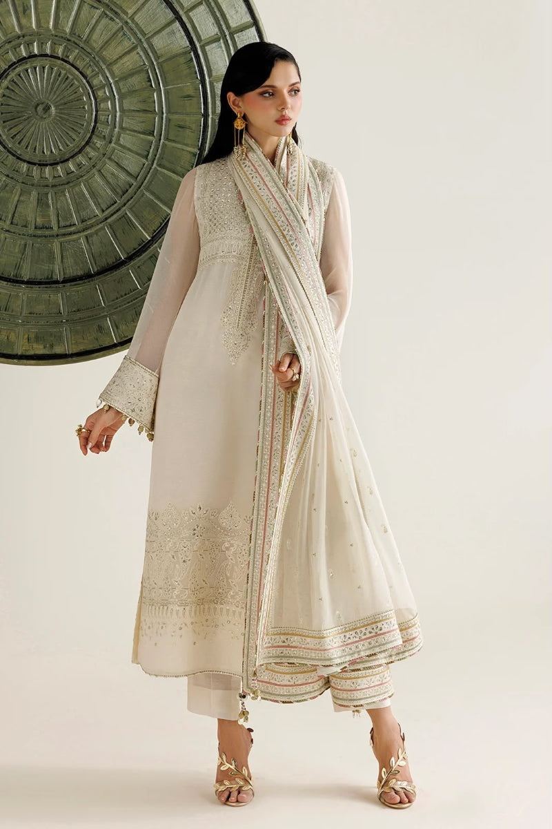 Off-White Cream Semi Pure Embroidered Chiffon 3-Piece Suit | Ready To Wear