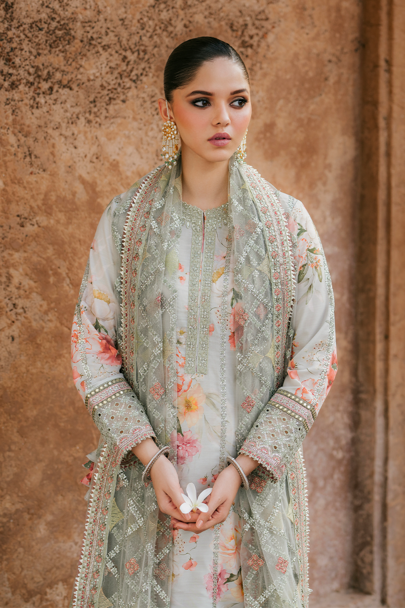 Embroidered Lawn 3-Piece Suit with Net Dupatta | Luxury stitched Suit
