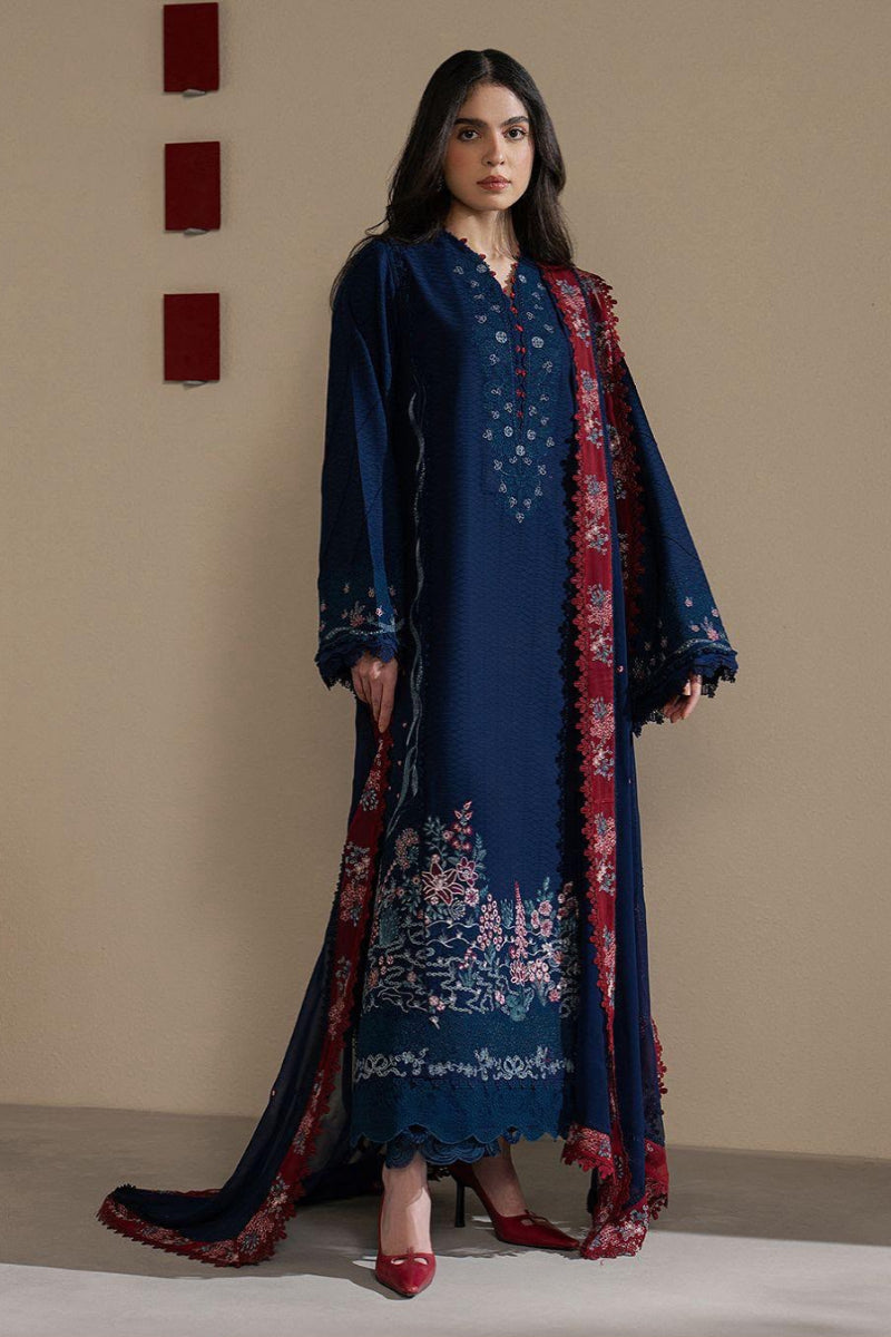 Navy Blue Egyptian Cotton Embroidered 3-Piece Suit | Ready to Wear