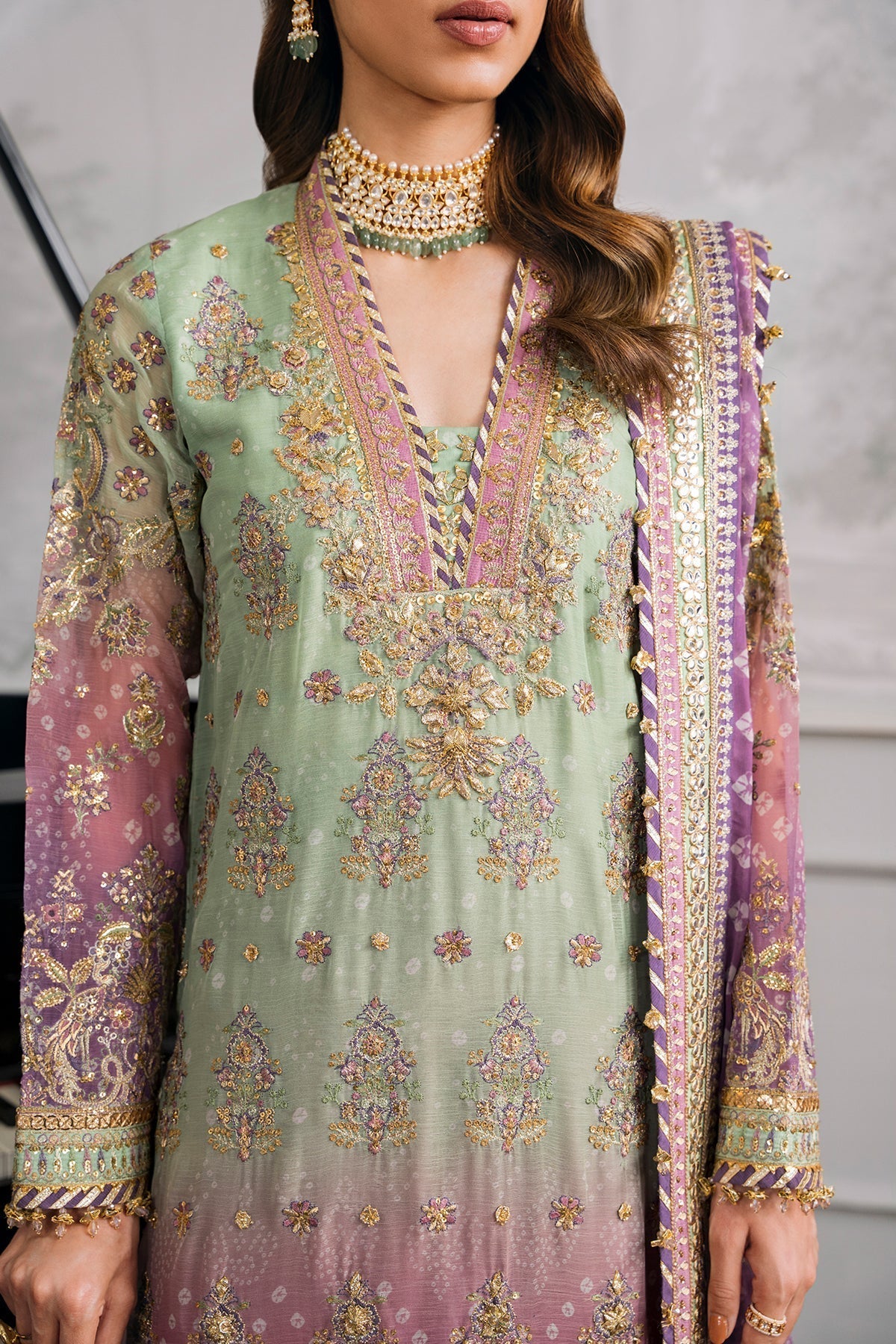 Back on Demand! Baroque stitched Chiffon Suit with Silk Trouser