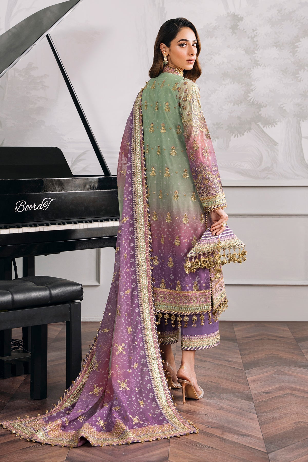 Back on Demand! Baroque stitched Chiffon Suit with Silk Trouser