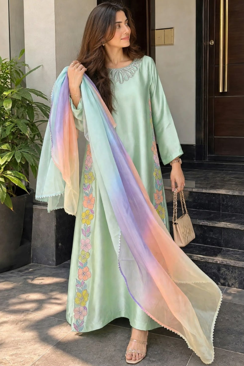 Charmeuse Silk Embroidered Kaftan Suit | Ready to Wear