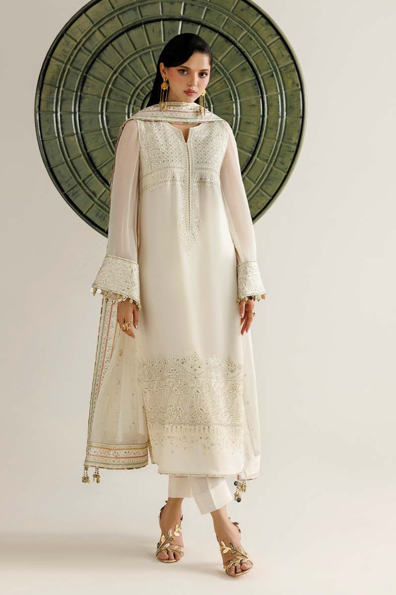 Off-White Cream Semi Pure Embroidered Chiffon 3-Piece Suit | Ready To Wear