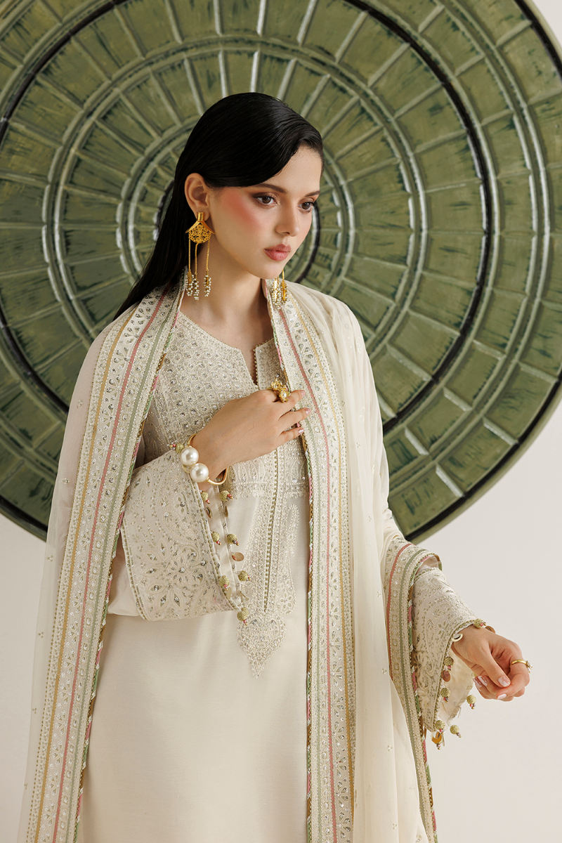 Off-White Cream Semi Pure Embroidered Chiffon 3-Piece Suit | Ready To Wear
