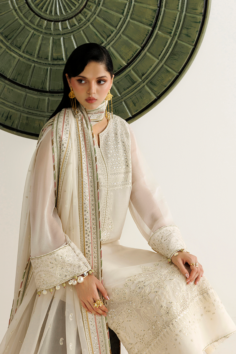 Off-White Cream Semi Pure Embroidered Chiffon 3-Piece Suit | Ready To Wear