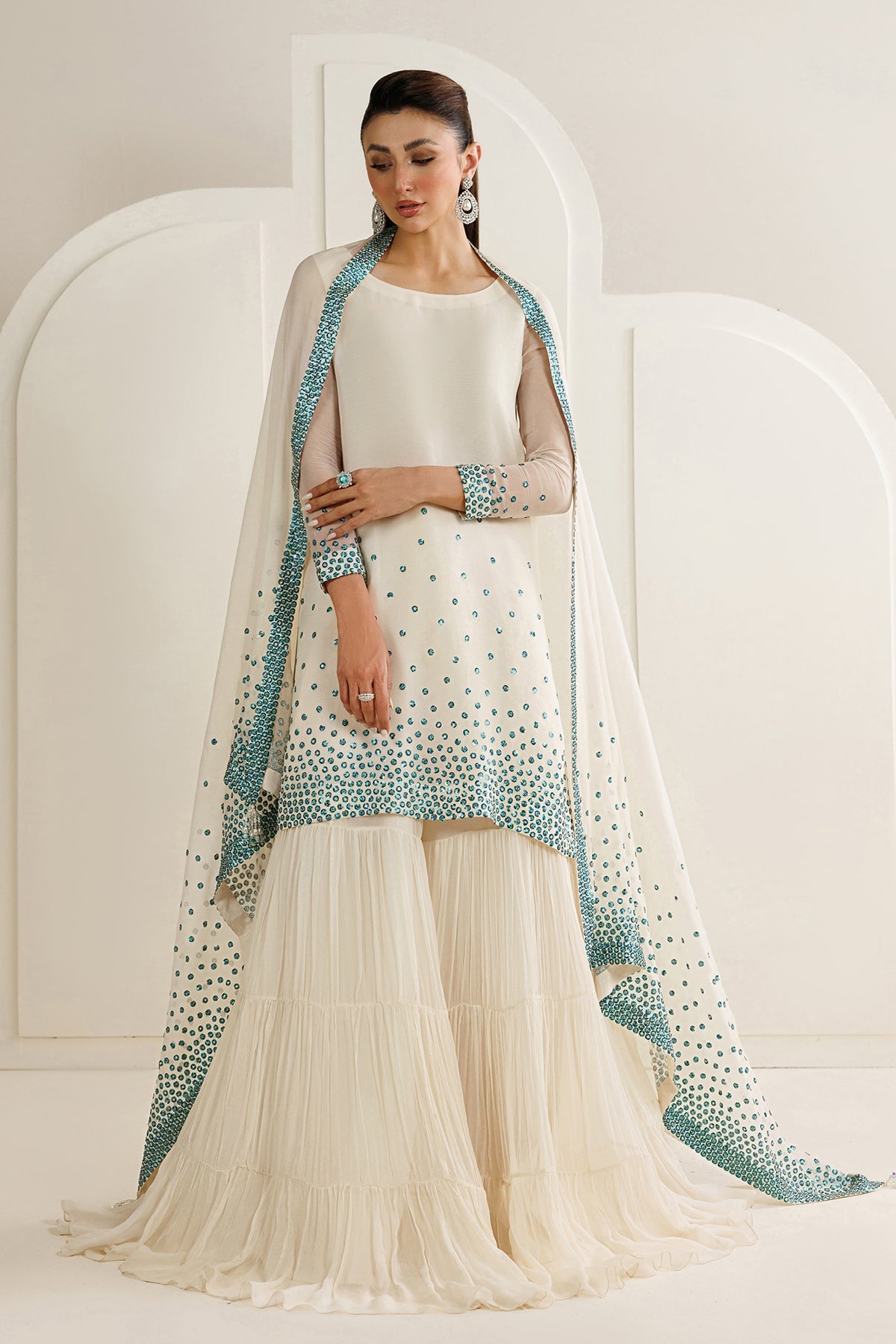 03 Piece Embroidered Chiffon Suit with Sharara - Ready To Wear
