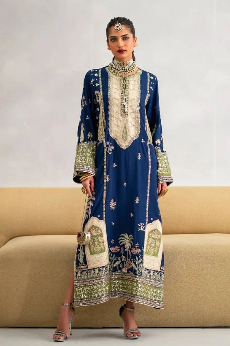 03-Piece Heavy Embroidered Shamoz Silk Kaftan - Ready To Wear