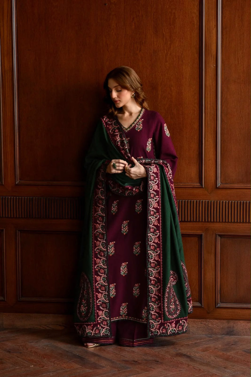 Plum Deep Purple Cambric Cotton Embroidered 3-Piece Suit | Ready to Wear