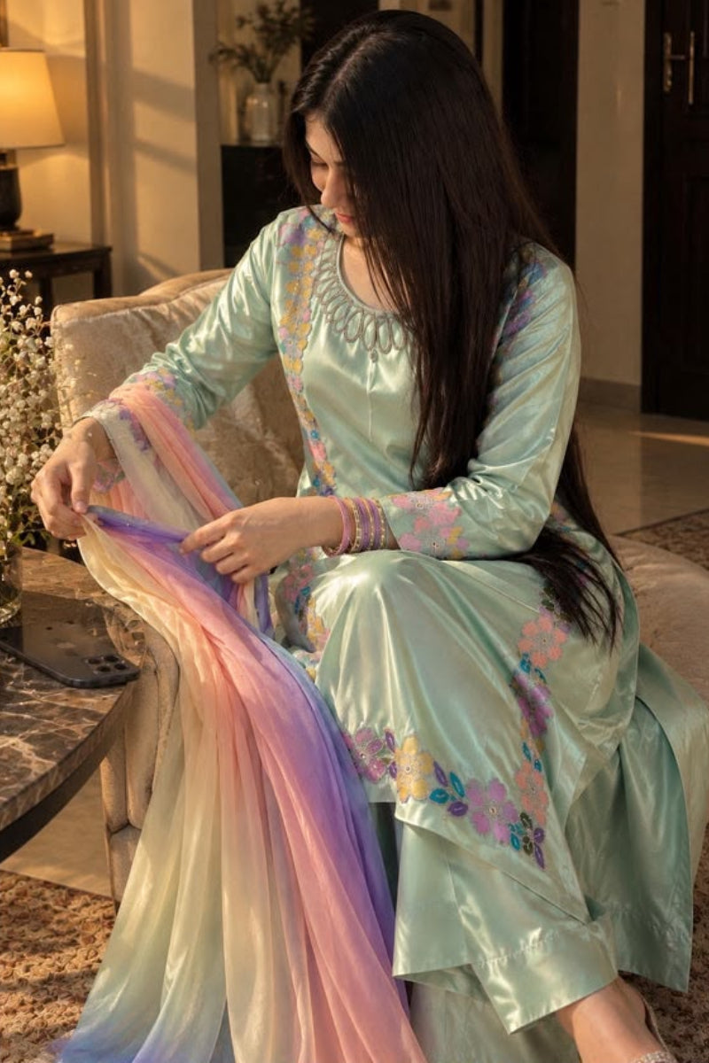 Charmeuse Silk Embroidered Kaftan Suit | Ready to Wear