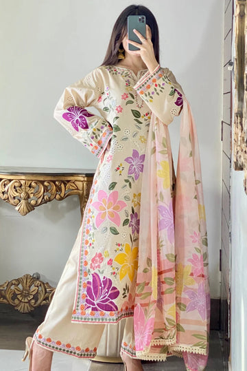 03-piece Embroidered Lawn Suit With Silk Dupatta | Ready to wear