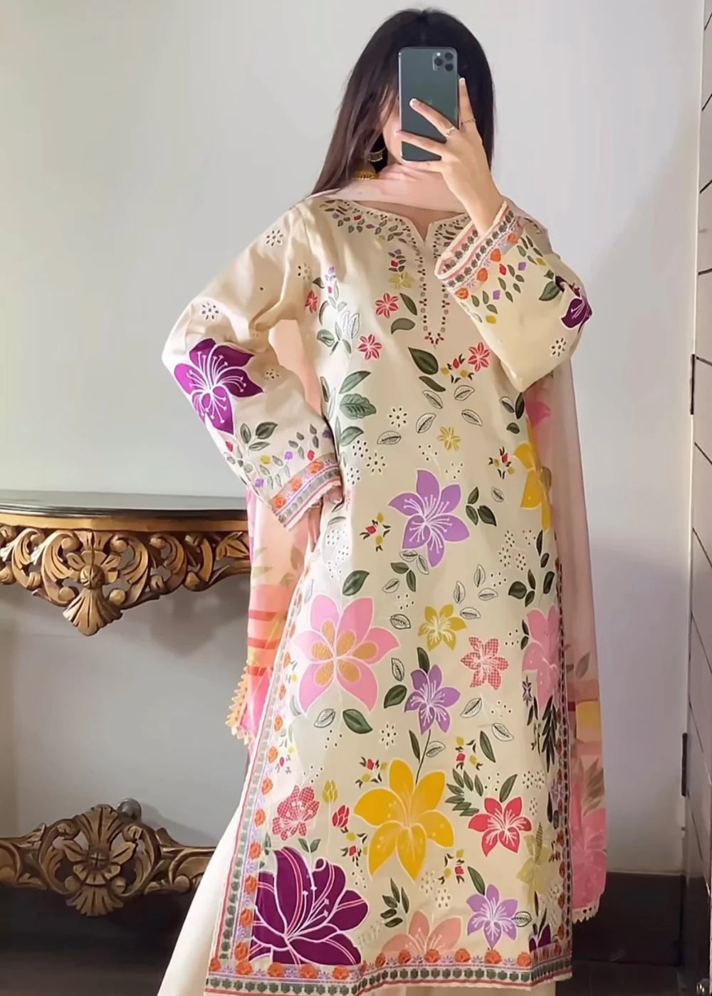03-piece Embroidered Lawn Suit With Silk Dupatta | Ready to wear