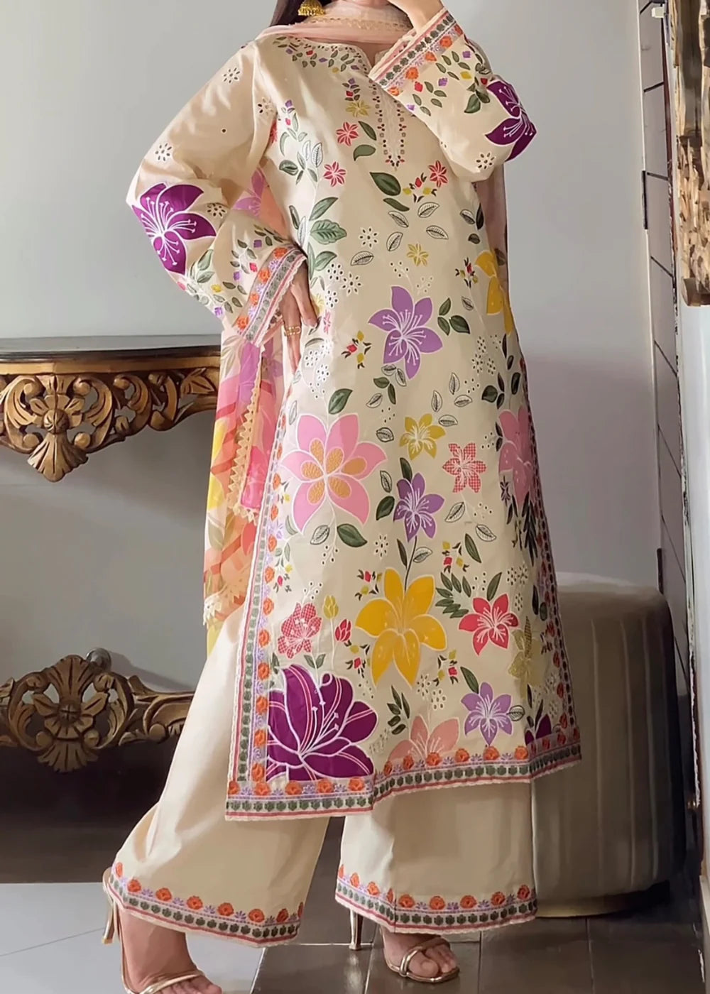 03-piece Embroidered Lawn Suit With Silk Dupatta | Ready to wear