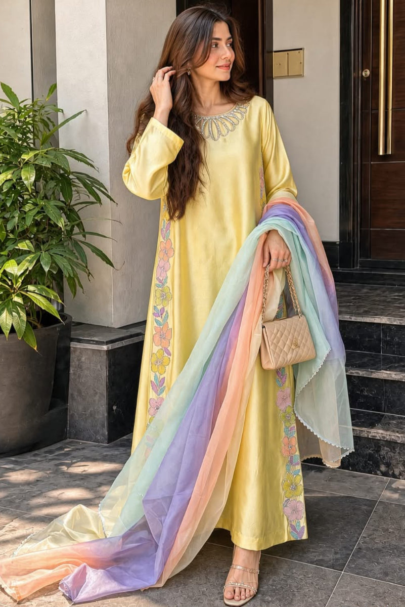 Charmeuse Silk Embroidered Kaftan Suit | Ready to Wear