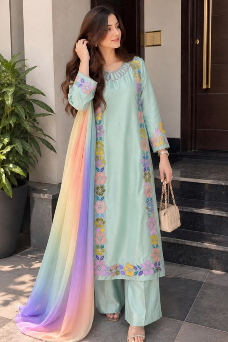 Charmeuse Silk Embroidered Kaftan Suit | Ready to Wear