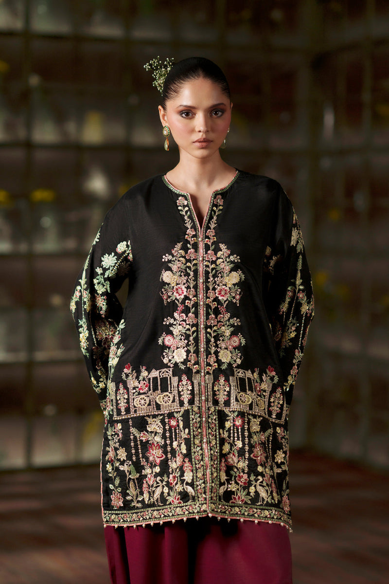 Black & Maroon Raw Silk Heavy Embroidered Spengle Work 3-Piece Suit | Ready to Wear