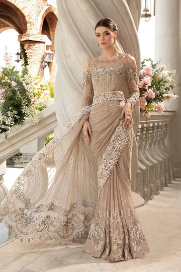 Beige Crystal Elegance - Heavy Embroidery Net Saree | Ready To Wear