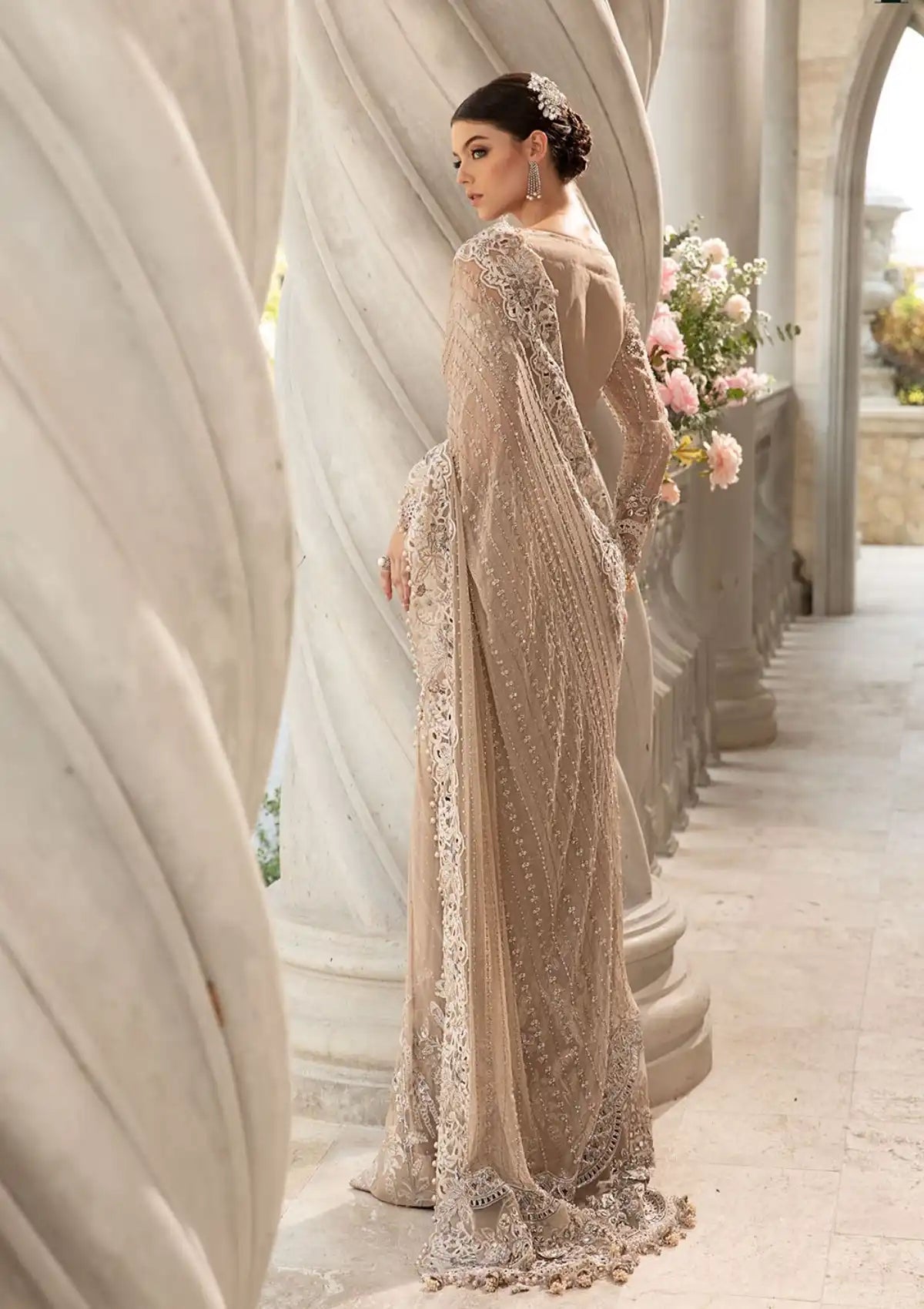 Beige Crystal Elegance - Heavy Embroidery Net Saree | Ready To Wear