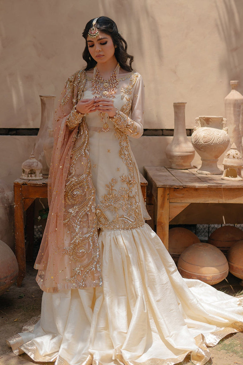 Off-White & Peach Organza Thread & Sequence Adda Work 3-Piece suite | Ready To Wear