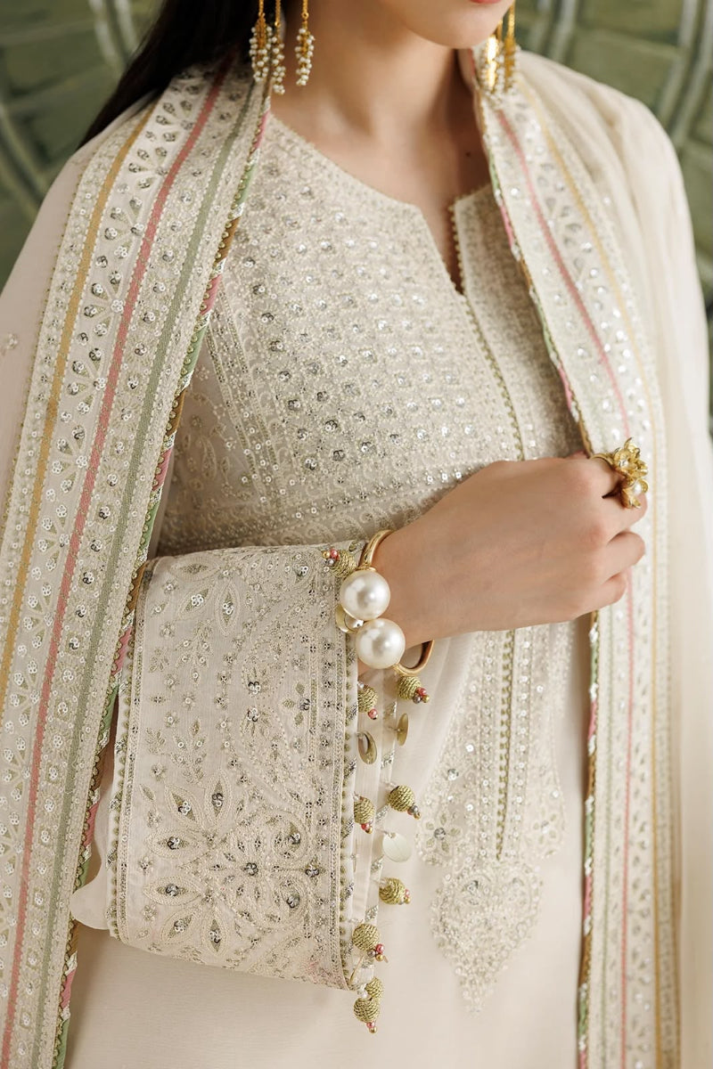 Off-White Cream Semi Pure Embroidered Chiffon 3-Piece Suit | Ready To Wear