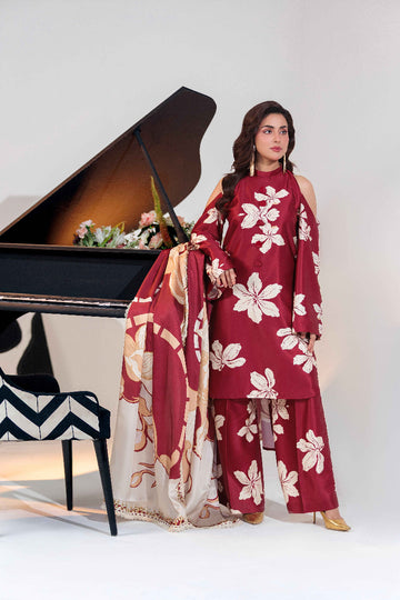 03-Piece Printed Pure Shamoze Silk Suit - Ready To Wear