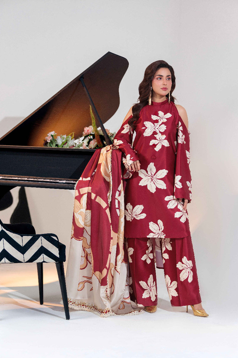 03-Piece Printed Pure Shamoze Silk Suit - Ready To Wear