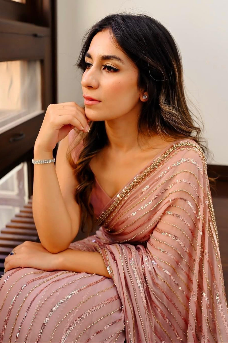 Pure Chiffon Sequence Embroidered Saree with Dyed Blouse & Soft Malai Trouser