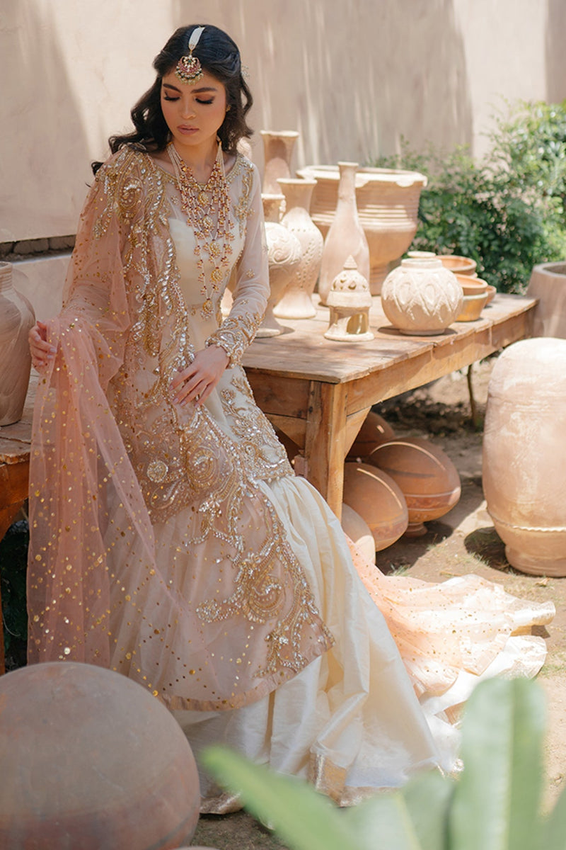 Off-White & Peach Organza Thread & Sequence Adda Work 3-Piece suite | Ready To Wear