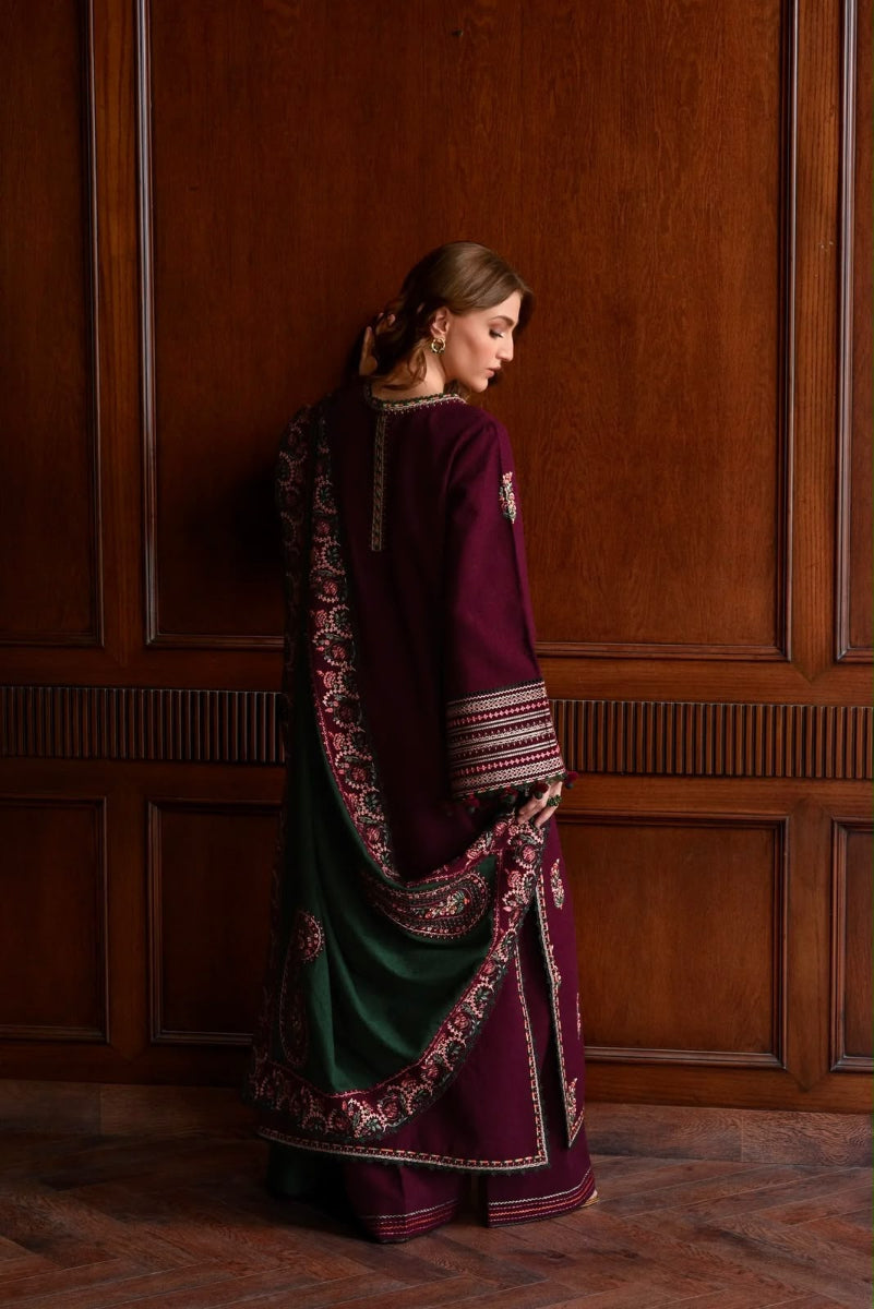 Plum Deep Purple Cambric Cotton Embroidered 3-Piece Suit | Ready to Wear