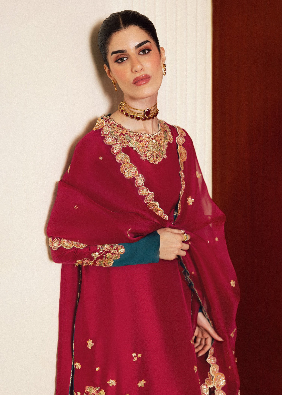 03 Piece Embroidered Raw Silk Suit - Ready To Wear