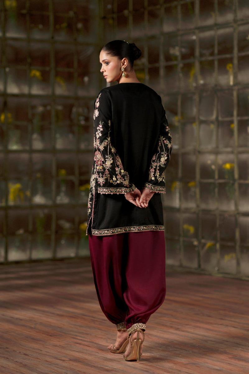 Black & Maroon Raw Silk Heavy Embroidered Spengle Work 3-Piece Suit | Ready to Wear