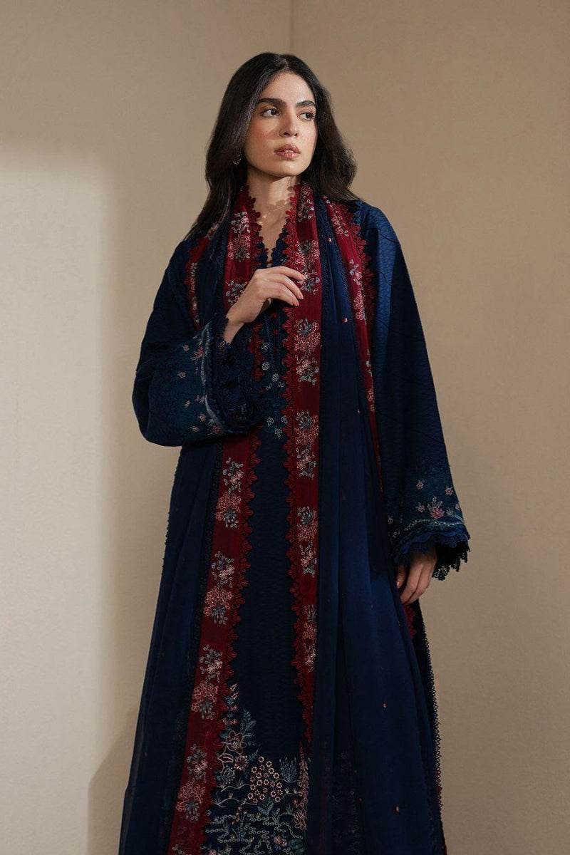 Navy Blue Egyptian Cotton Embroidered 3-Piece Suit | Ready to Wear