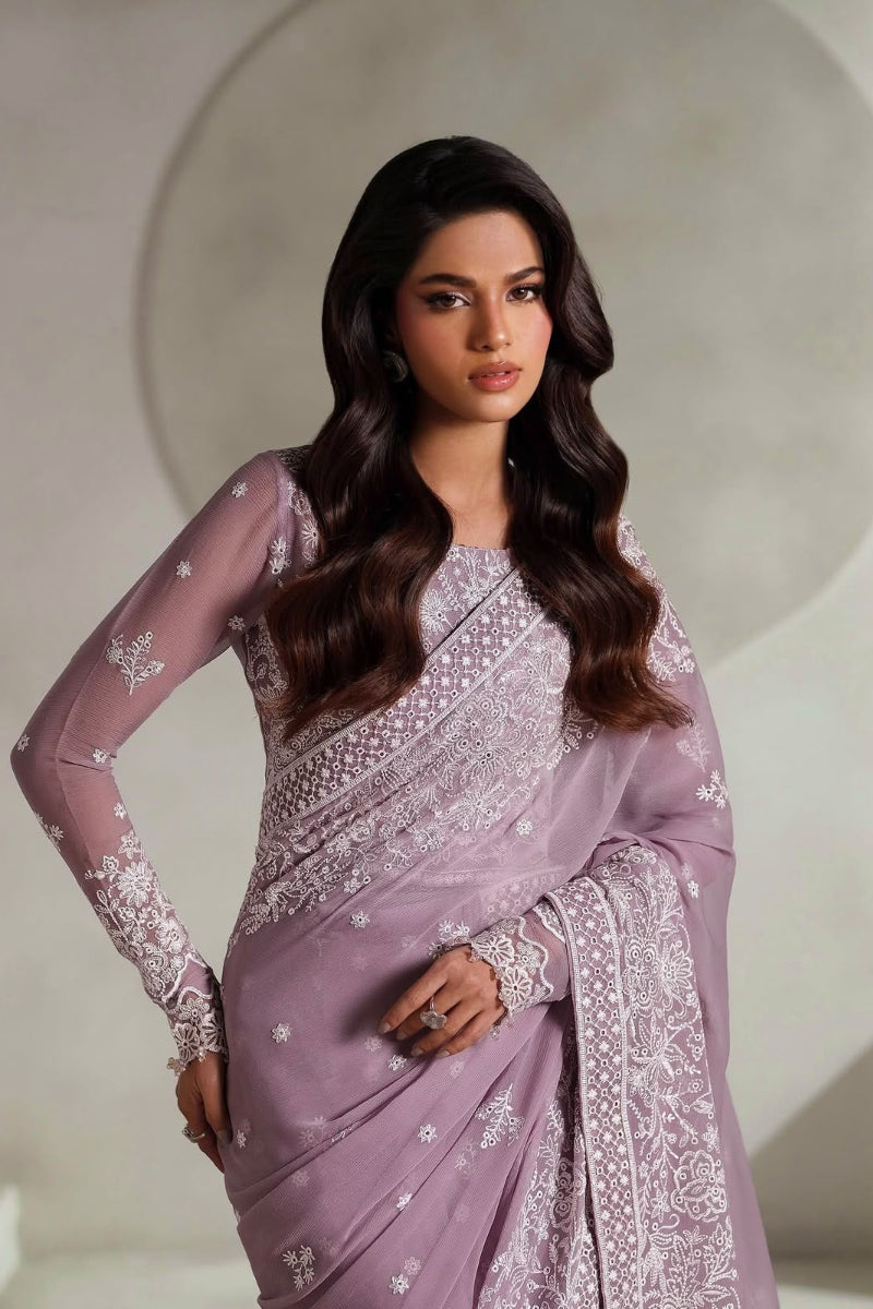 Dusty Mauve Heavy Thread Embroidered Semi Pure Chiffon Saree with Shapewear | Ready To Wear