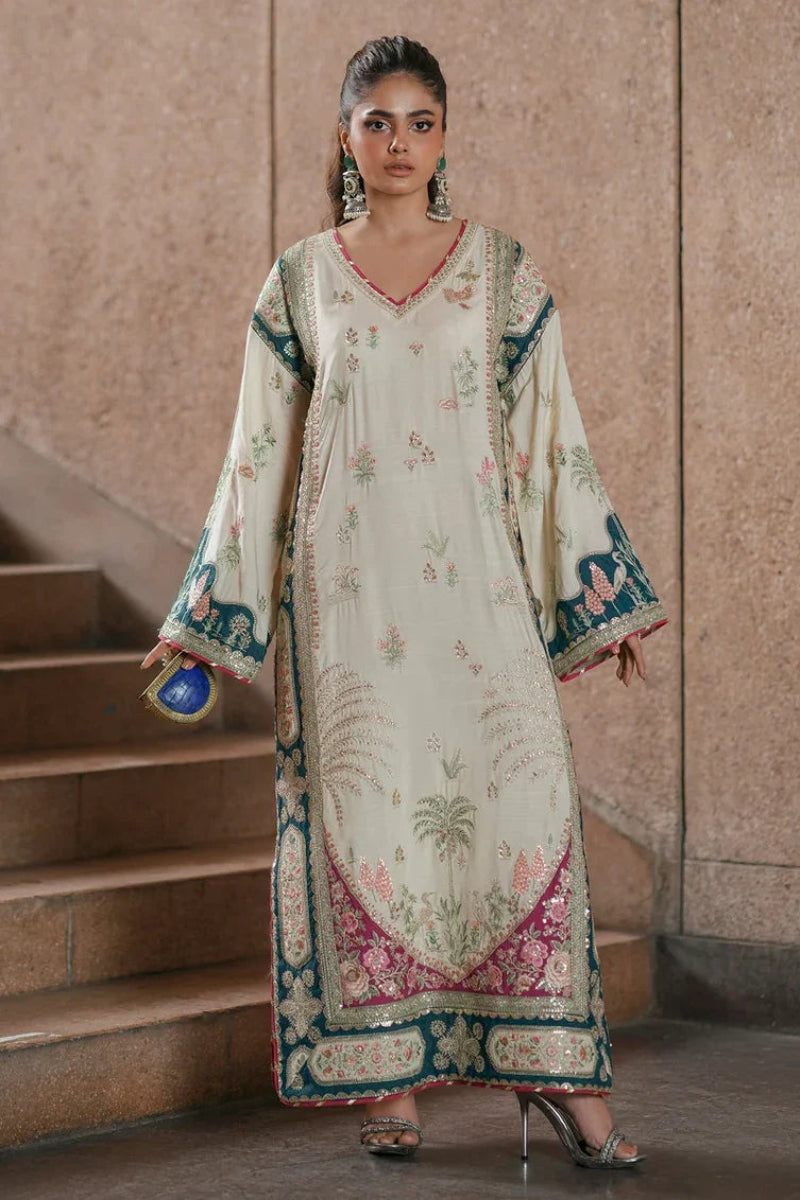 02-Piece Botanical Embroidered Silk Kaftan - Ready to Wear