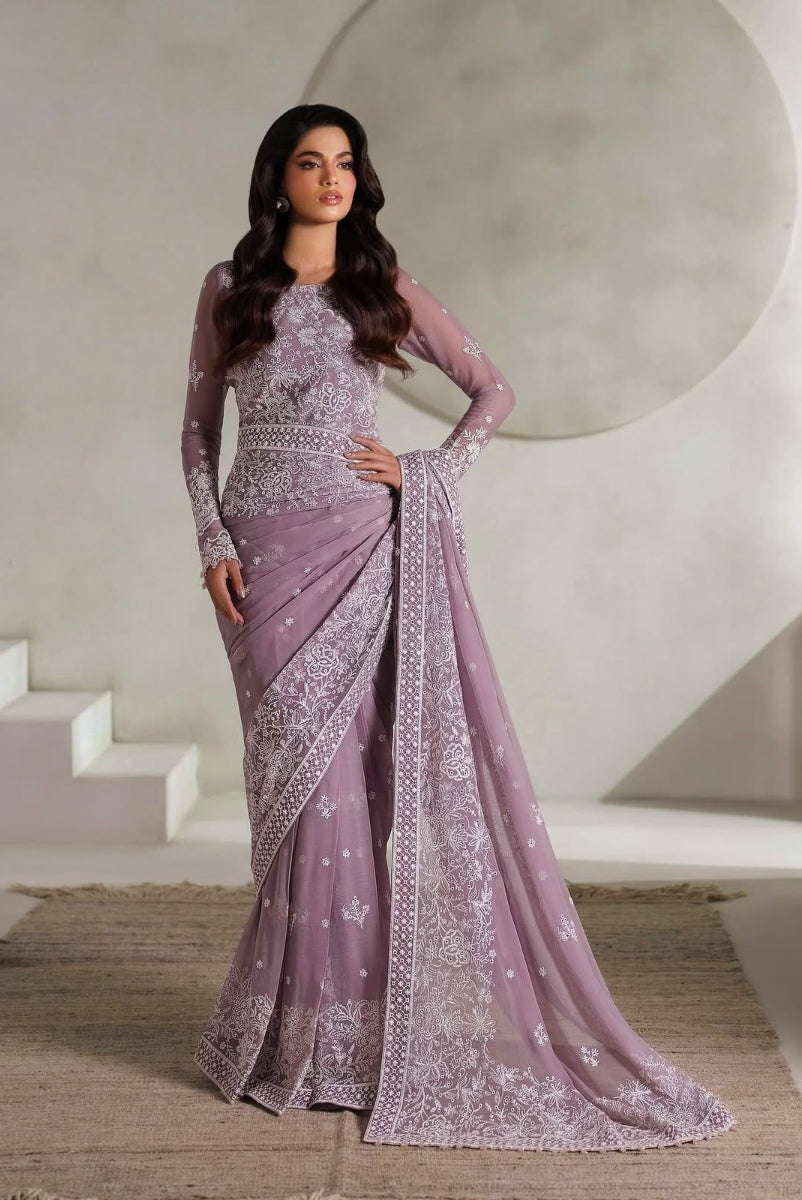 Dusty Mauve Heavy Thread Embroidered Semi Pure Chiffon Saree with Shapewear | Ready To Wear