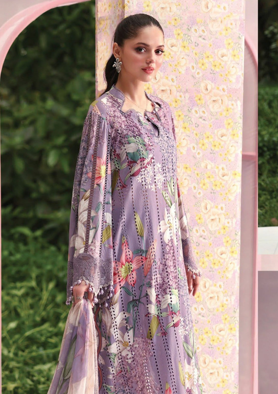 Printed Lawn 2026 | Heavy Schiffli Embroidered Purple Floral 3-piece Stitched Suit | Spangle Neckline & Chiffon Dupatta