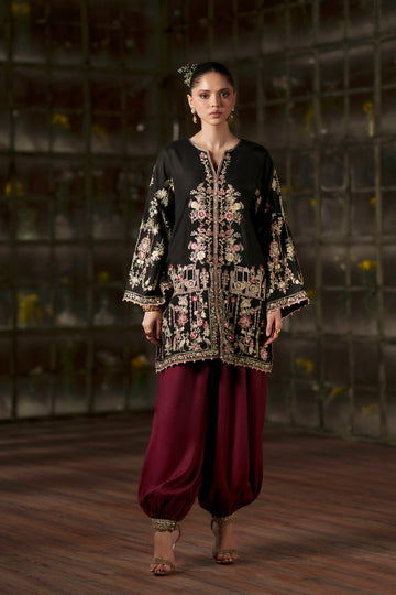 Black & Maroon Raw Silk Heavy Embroidered Spengle Work 3-Piece Suit | Ready to Wear