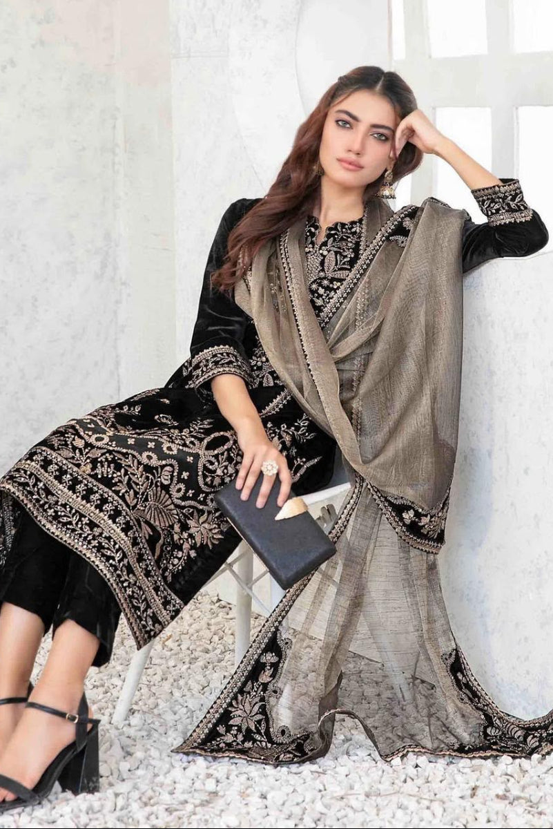 Black Velvet Sequence Embroidered  3-Piece Suit | Ready To Wear