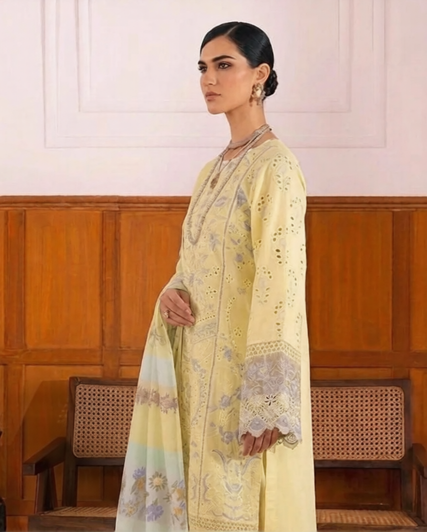 03-Piece Embroidered Lawn Suit With Net Dupatta | Ready To Wear