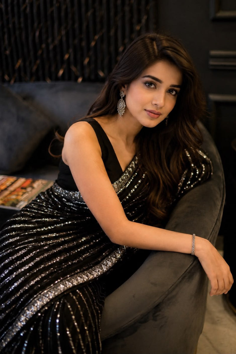 Black & Silver Sequin Embroidered Semi-Pure Chiffon Saree | Ready To Wear