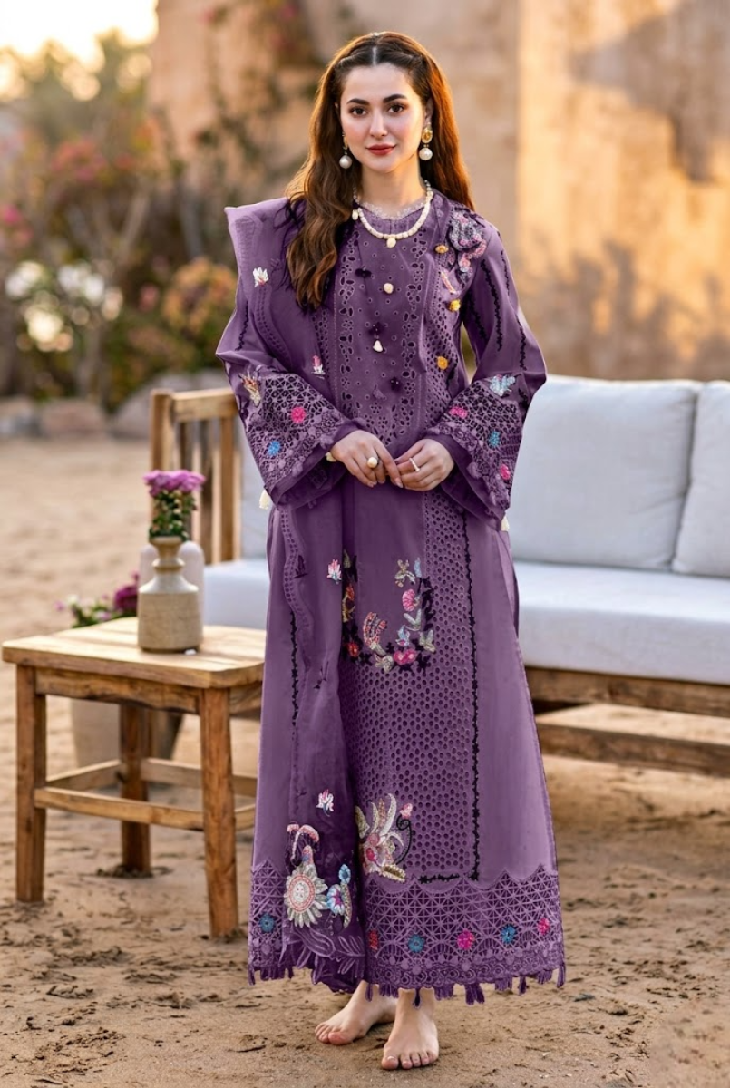 03-Piece Embroidered Lawn Suit With Organza Dupatta | Ready To Wear