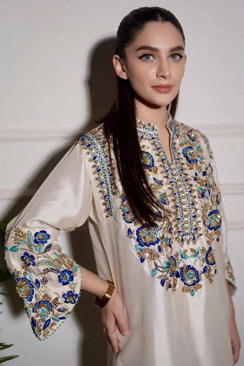 Luxury Hand Embellished Ivory Raw Silk 3-Piece Suit | Ready to Wear