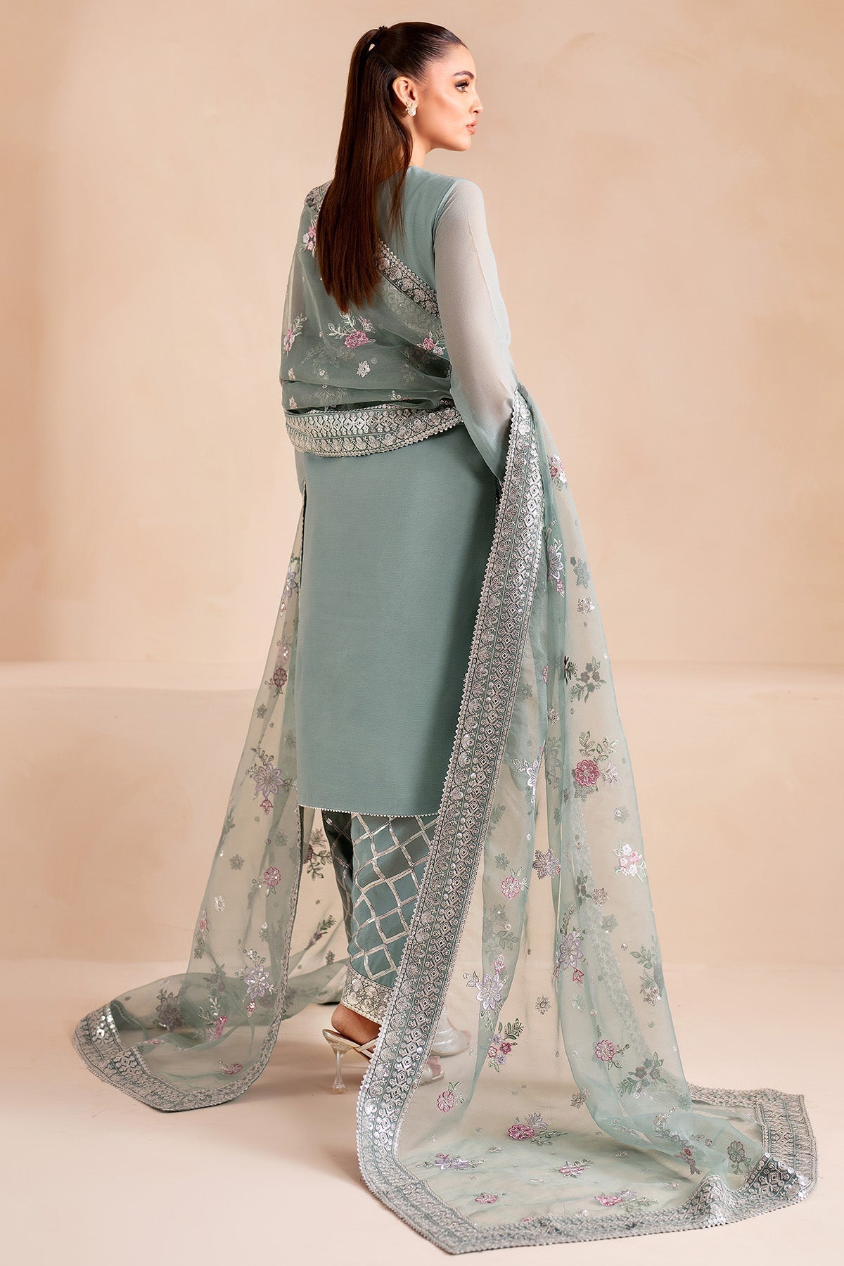 3 Piece Stitched Chiffon & Organza Suit -  Ready  to Wear