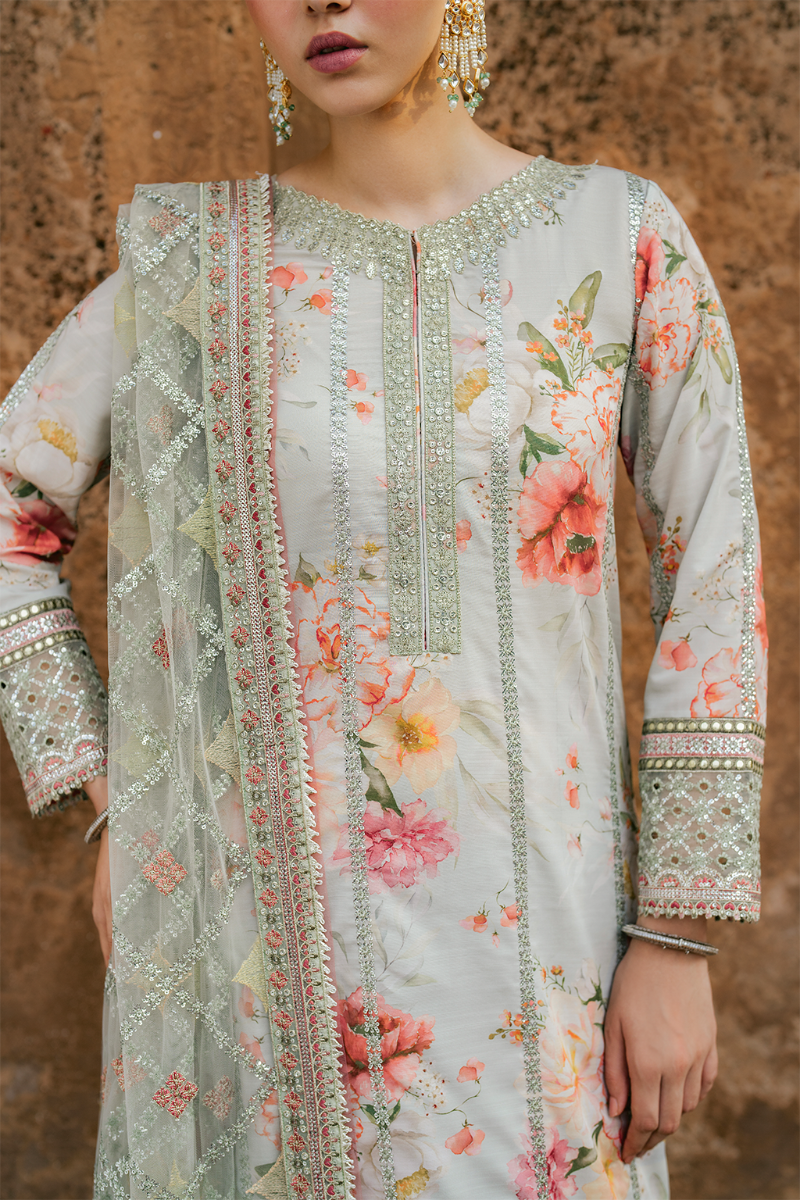 Embroidered Lawn 3-Piece Suit with Net Dupatta | Luxury stitched Suit