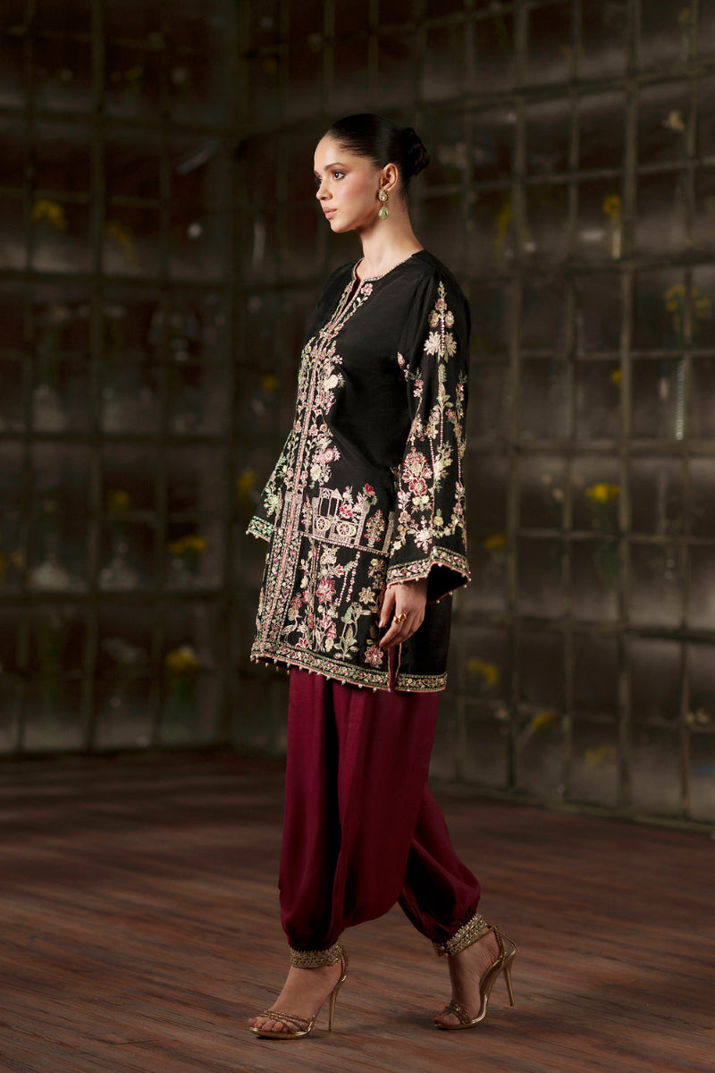 Black & Maroon Raw Silk Heavy Embroidered Spengle Work 3-Piece Suit | Ready to Wear