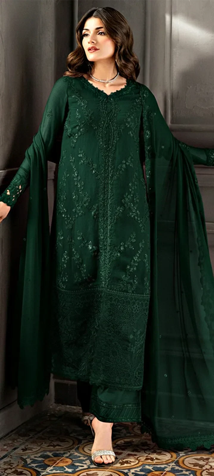 Azure Chiffon – Green 3-piece Embroidered Suit