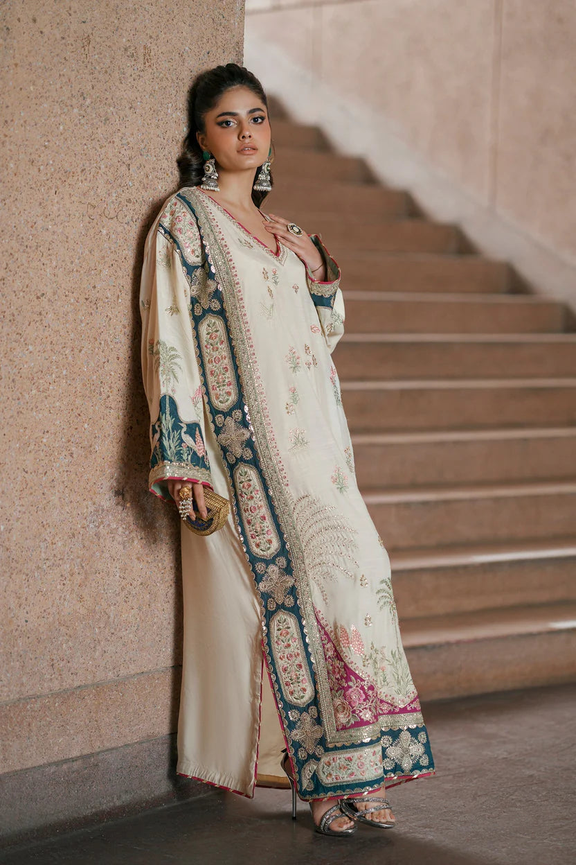 02-Piece Botanical Embroidered Silk Kaftan - Ready to Wear