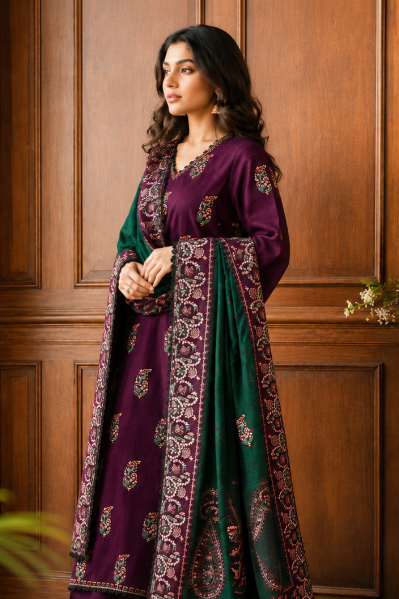 Plum Deep Purple Cambric Cotton Embroidered 3-Piece Suit | Ready to Wear