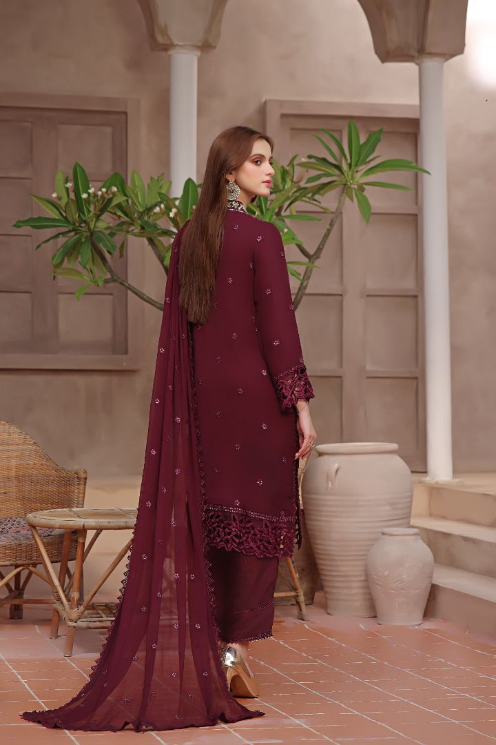 Crimson Chiffon Suit With Malai Trouser Stitched