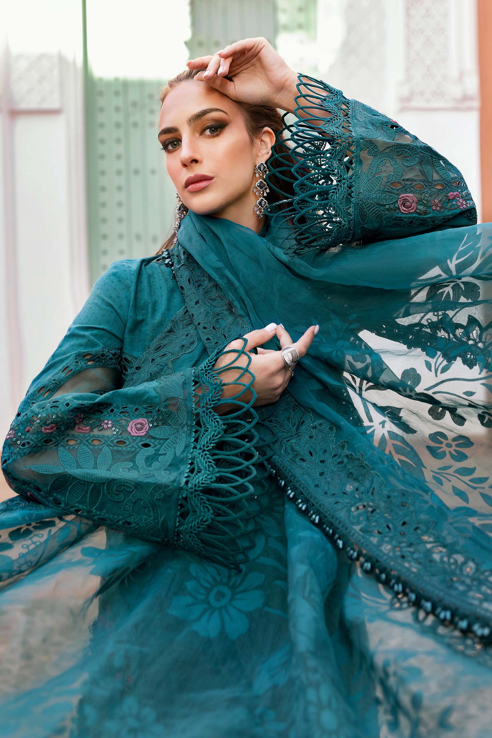 03-Piece Embroidered Lawn Suit With Organza Dupatta | Ready To Wear