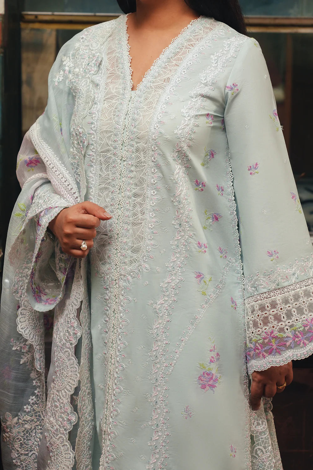 03-Piece Embroidered  Cambric Cotton Suit - Ready To Wear